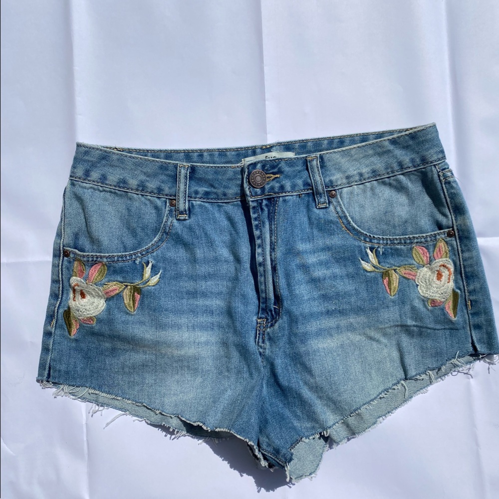 Refuge Blue Jean Shorts with Floral Embroidery